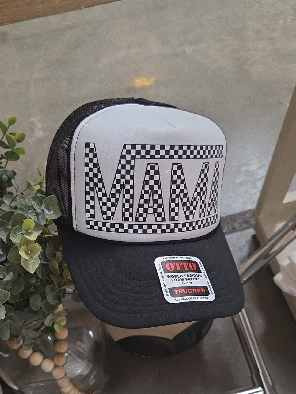 Checkerboard MAMA Foam Trucker Hat - Black & White